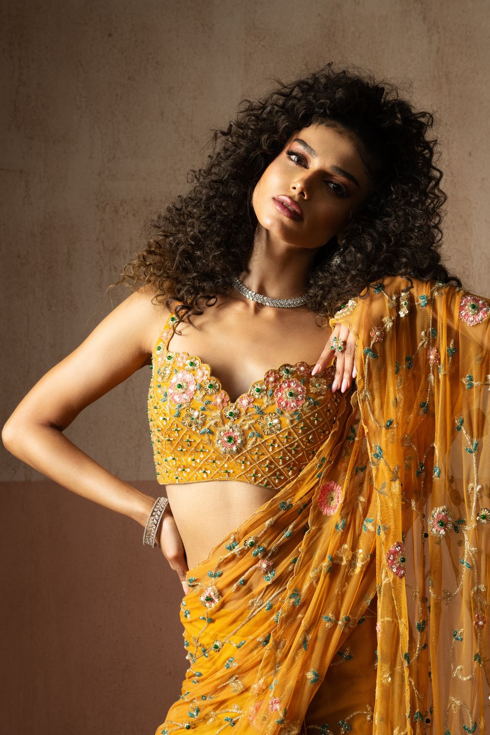 Predraped , mustard yellow , hand embroidered net & georgette saree