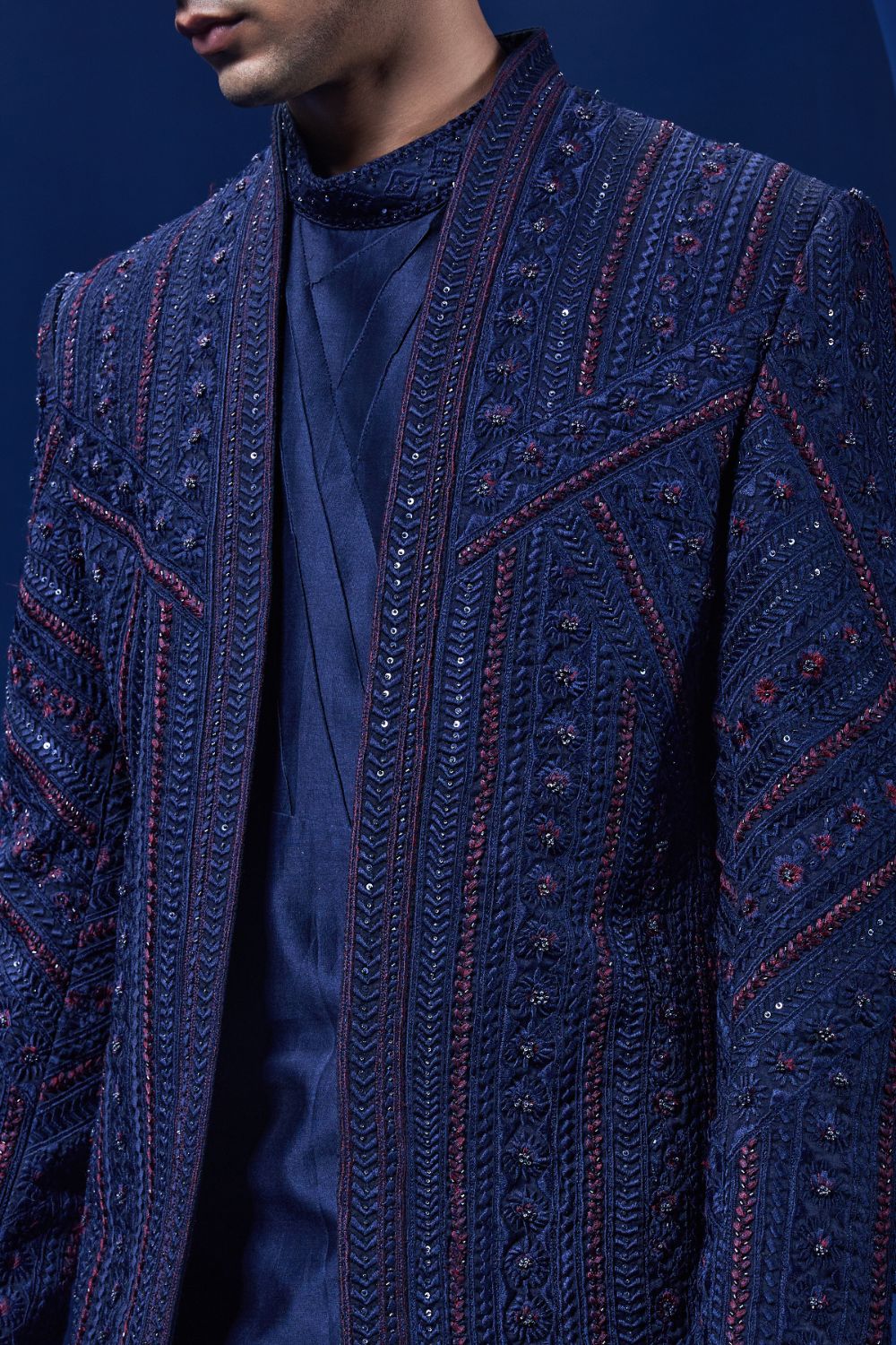 Navy Blue open bandhgala with thread,sequins & pearl work