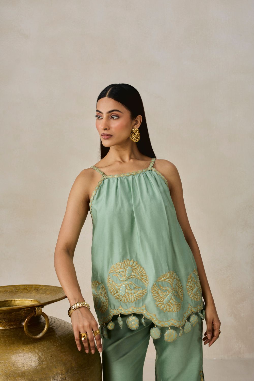 Chanderi Applique Embroidery Strappy Short Top And Palazo Set