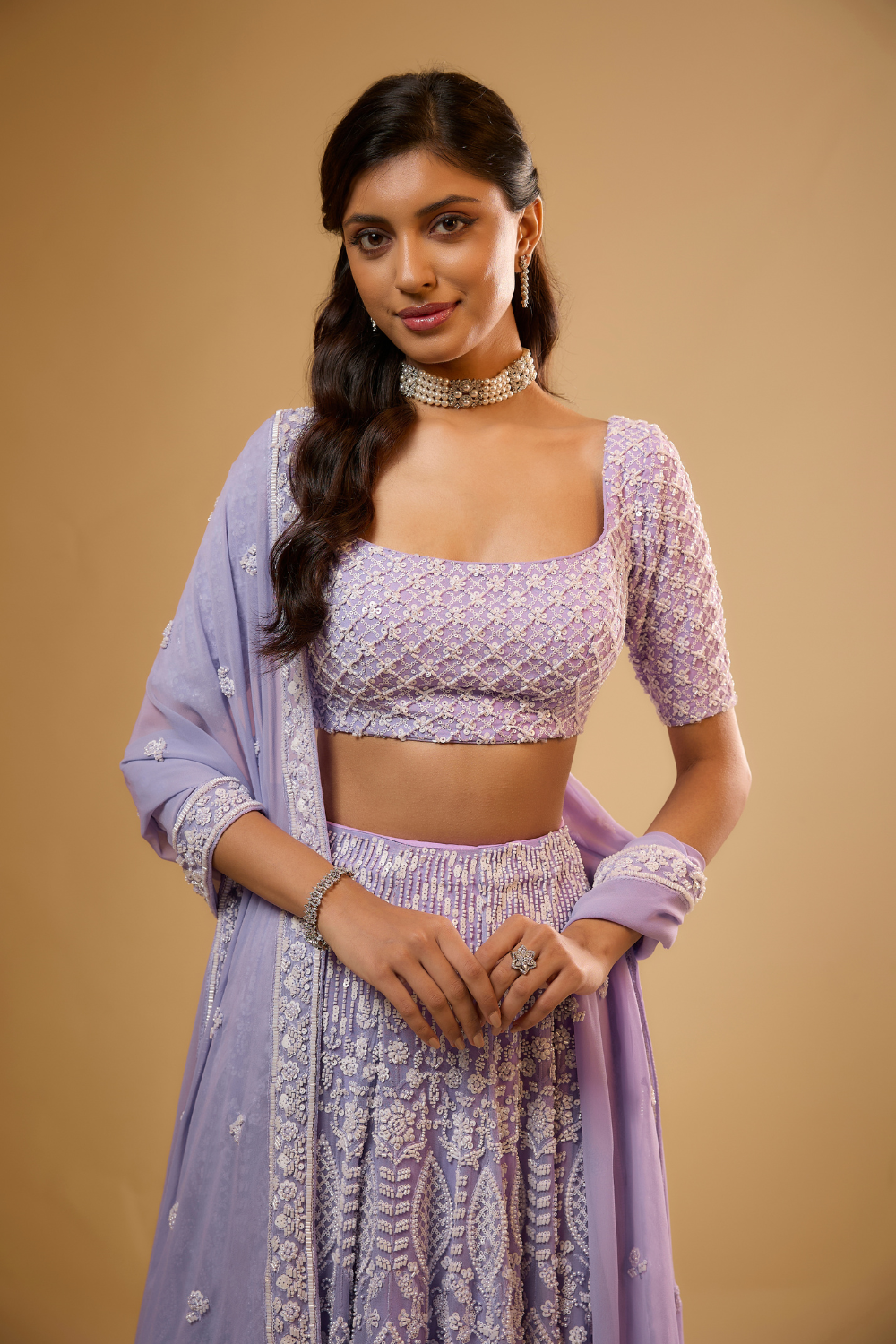 Lavender georgette lehenga set with sequins & glass beads