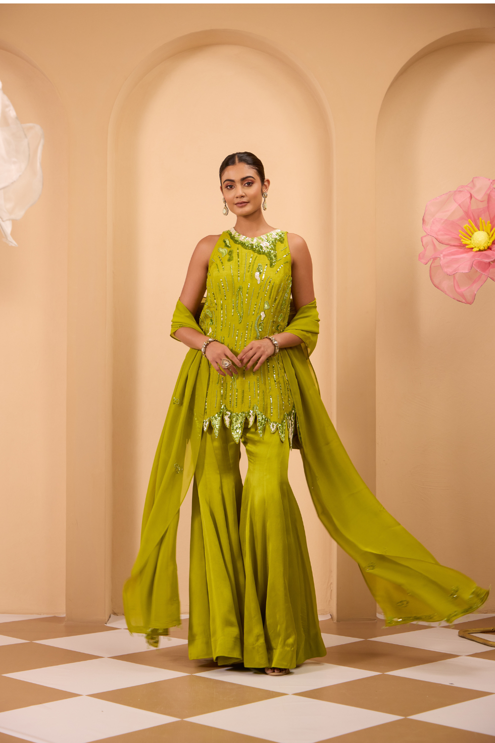 Green Heavy Embroidered Tunic with Sharara & Flowy Dupatta