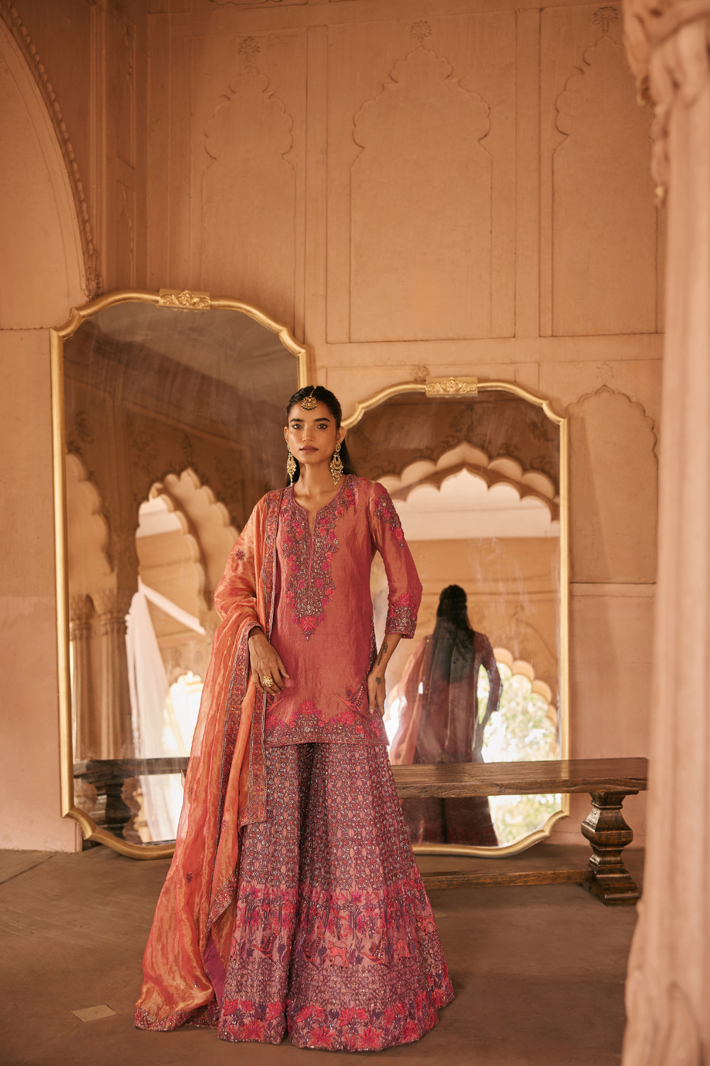 Pink, Rust, Resham, Tissue, Sharara Set