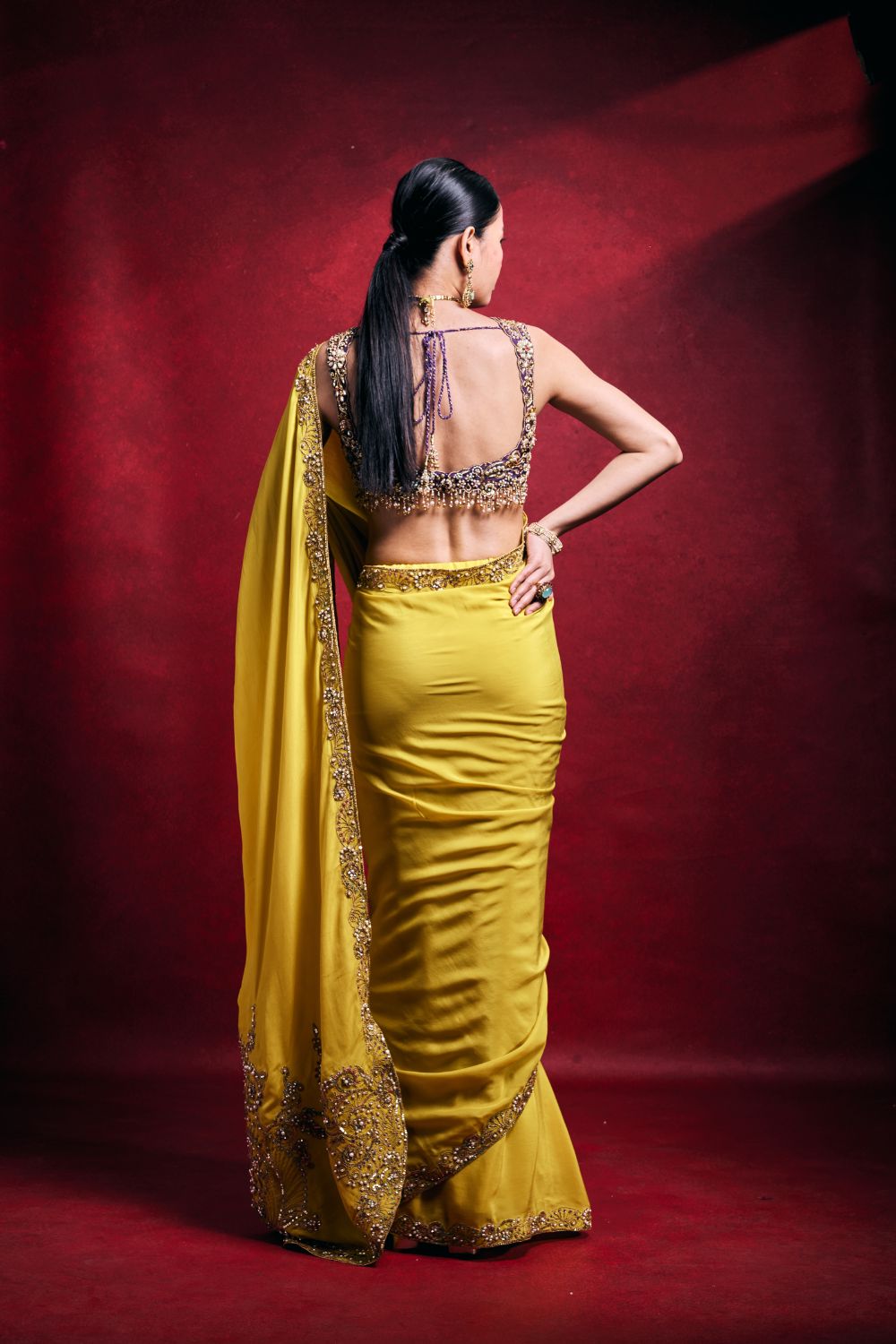 YELLOW CREPE SAREE SET