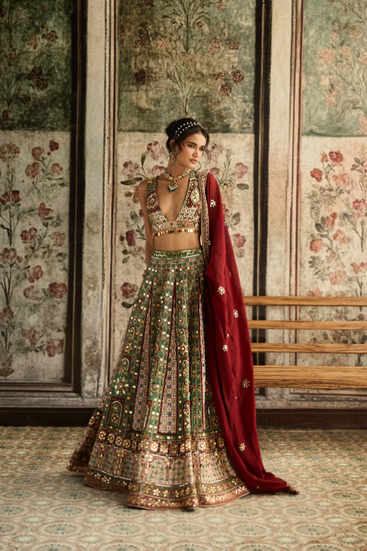 SAGE-MAROON PRINT AND HIGHLIGHTED LEHENGA SET