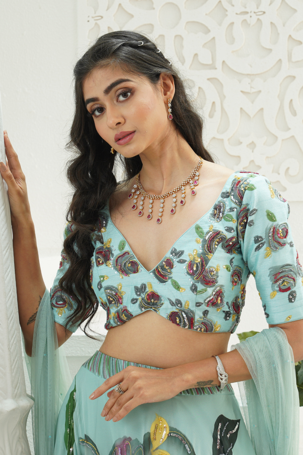 Dusty Blue hand painted lehenga set