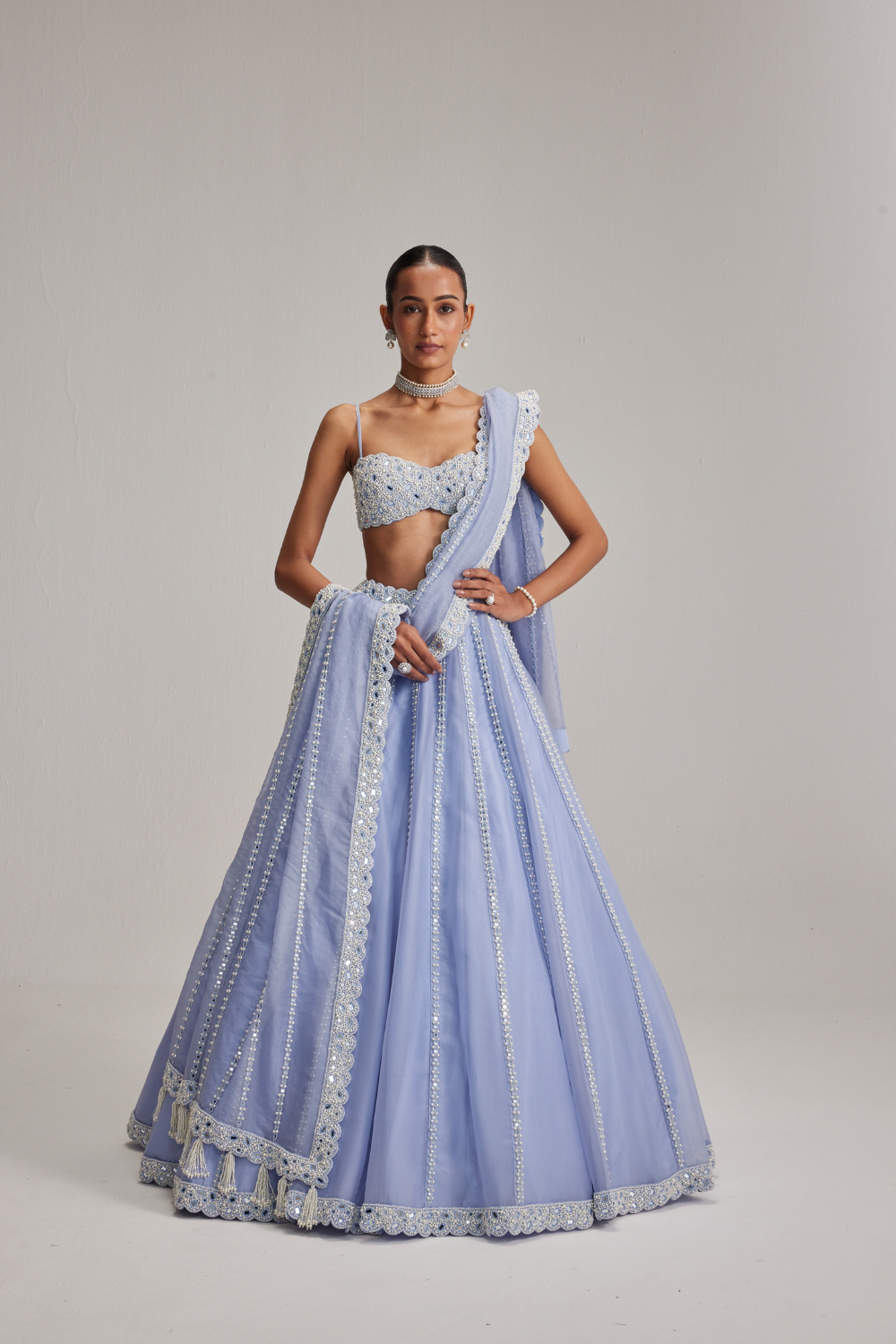 Dew Blue linear Mirror Organza Lehenga Set