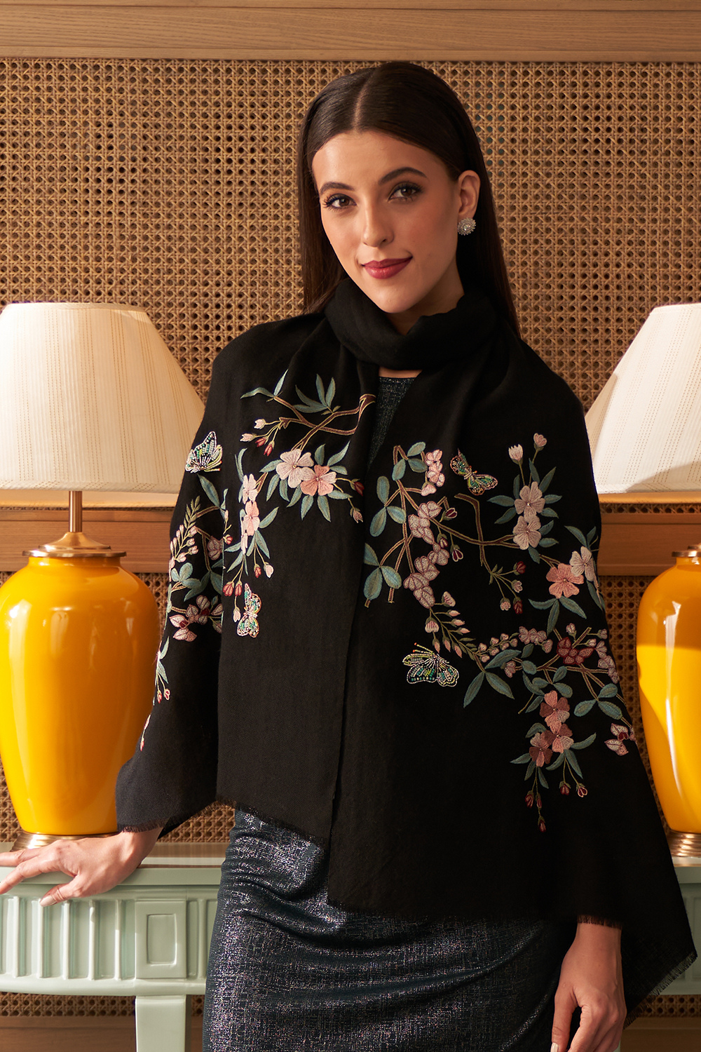 A Garden Diary | Embroidered Fine Merino Wool Stole – Black