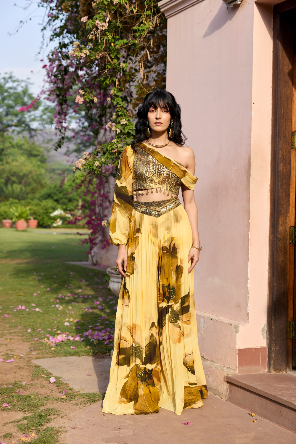 BUTTER YELLOW FLORAL ONE SHOULDER CO-RD SET