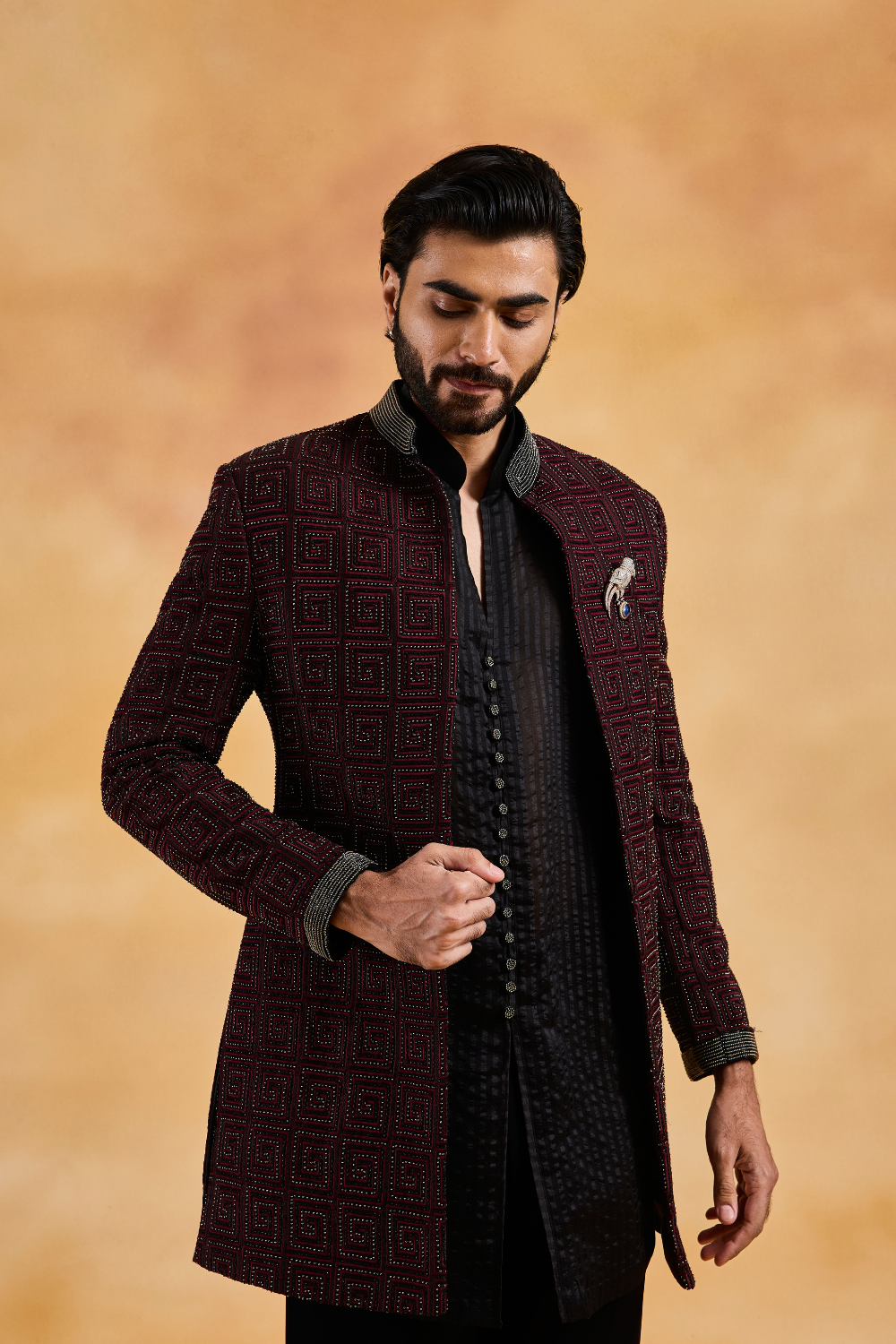 Black Velvet Open Jacket with Bundi and Trouser