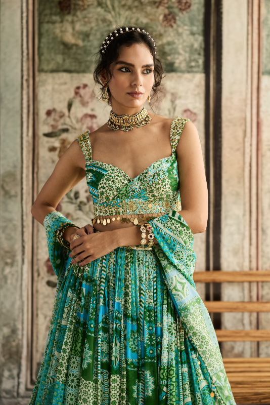 AQUA PRINT AND HIGHLIGHTED RUCHED BLOUSE LEHENGA SET
