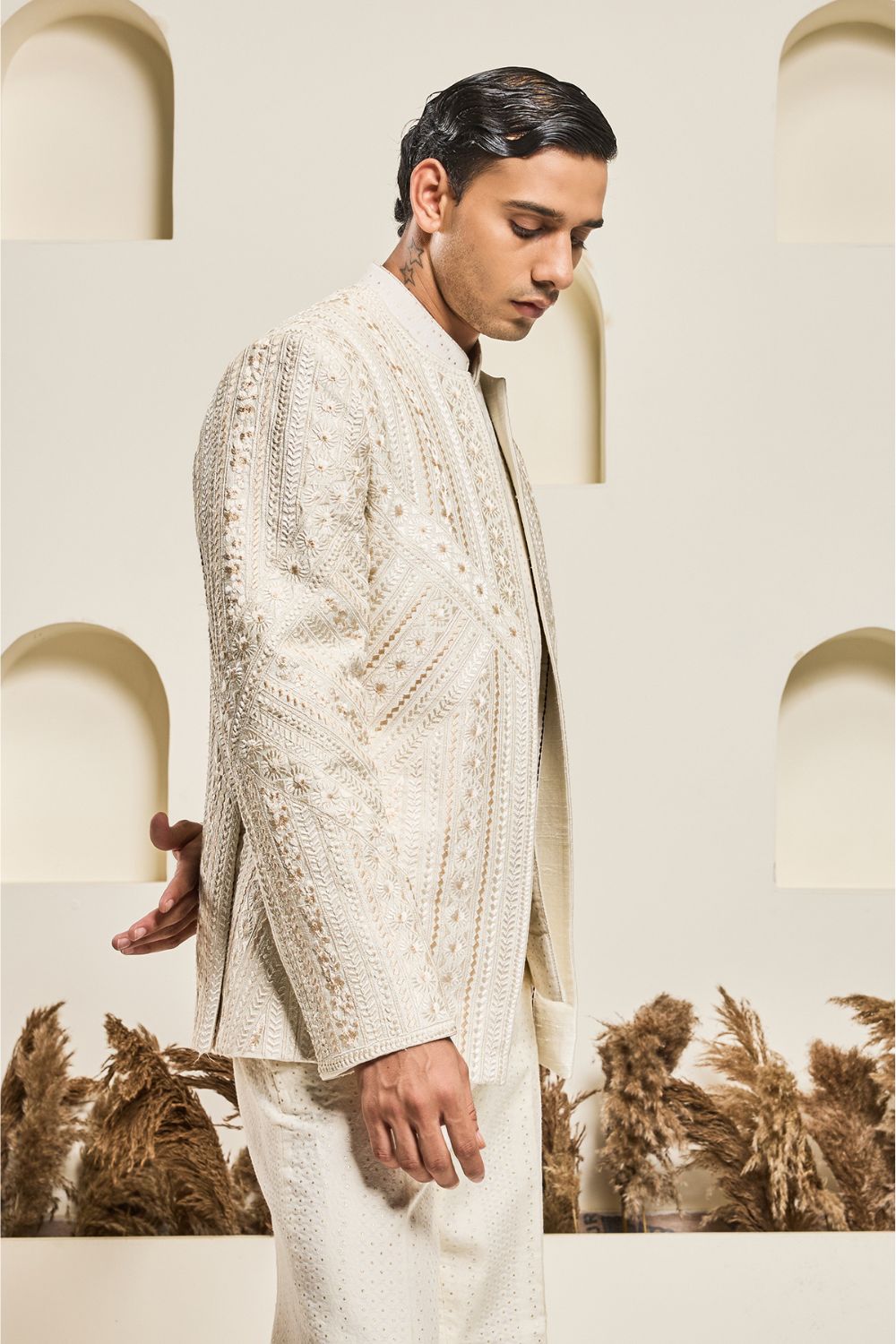 Ivory open bandhgala with Resham thread Work