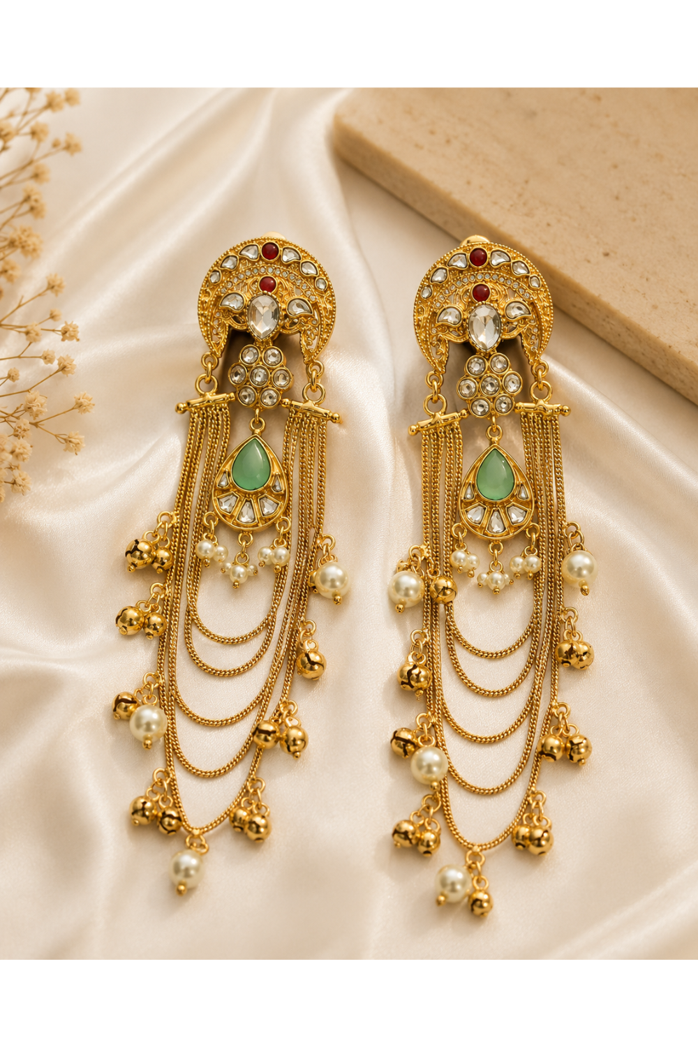 Kundan Sage Green Chain Drop Statement Earrings
