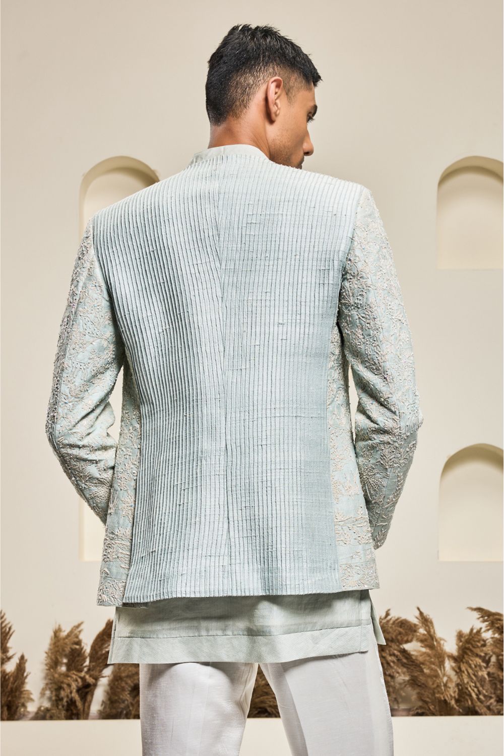 Iceblue open bandhgala with thread , sequins & pearl work