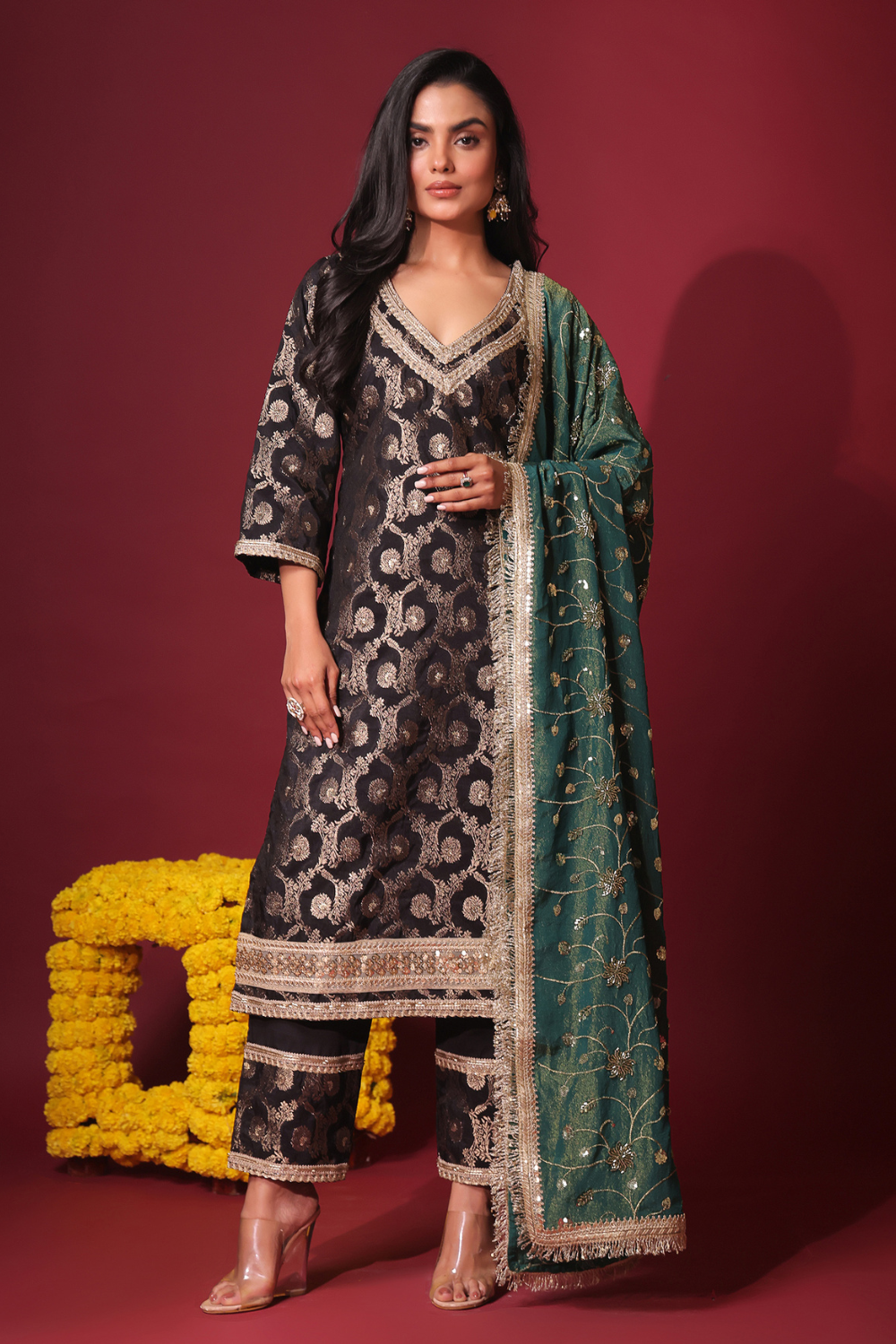 Black Brocade Kurta and Pant with dupatta