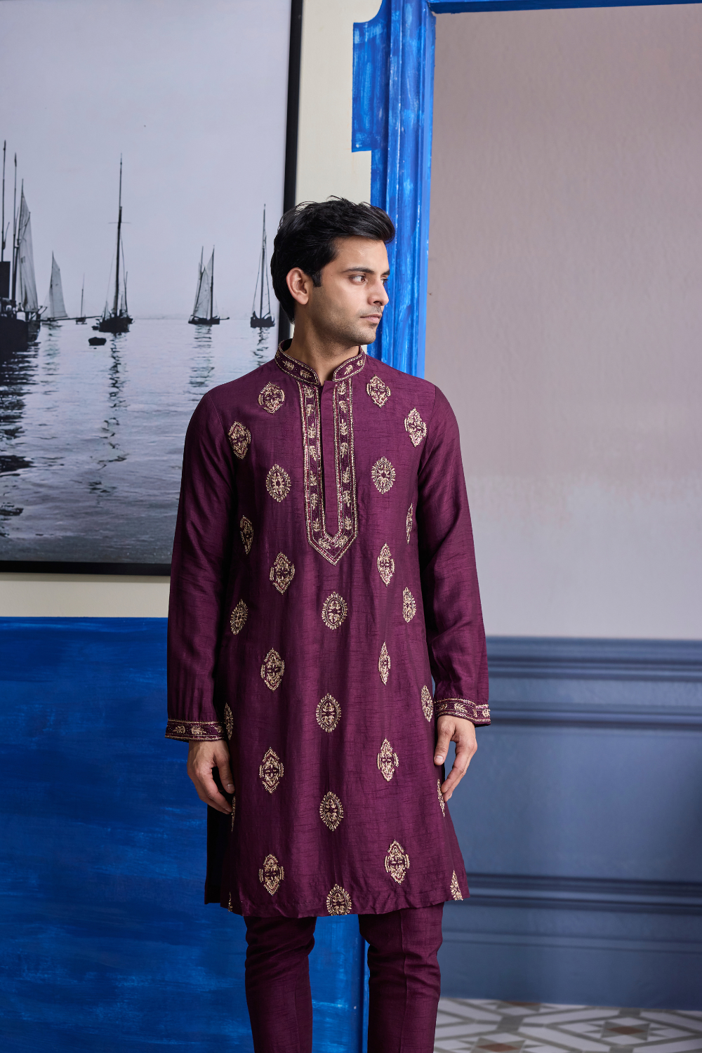 Plum Embroidered Placket Kurta with Pants