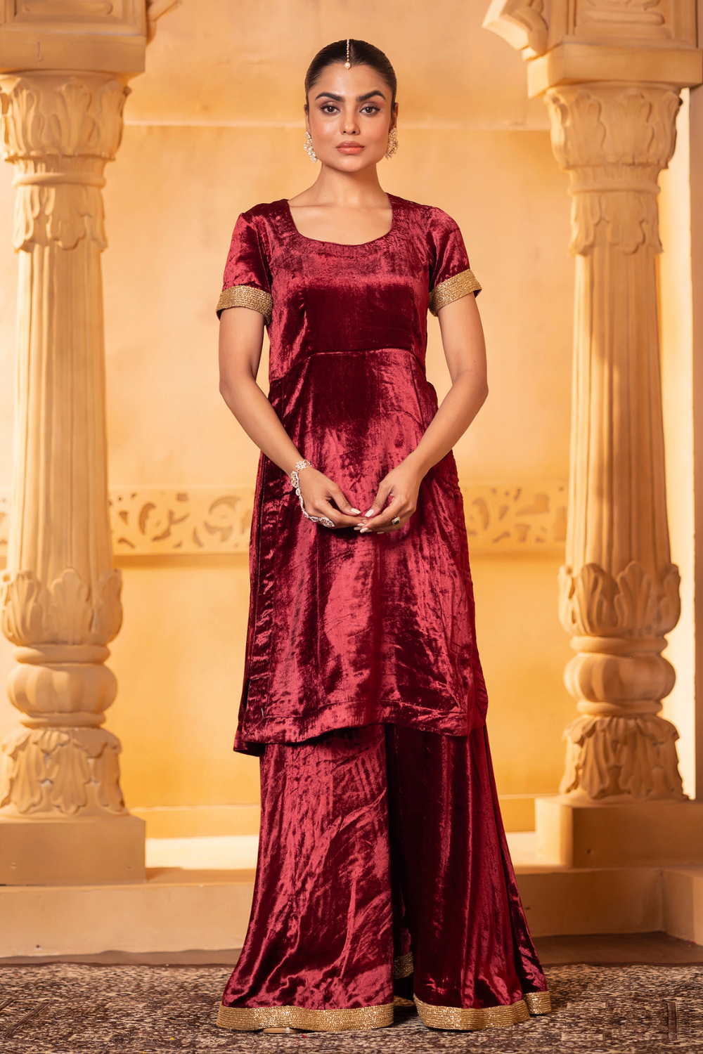 Maroon Velvet Kurta and Sharara Set