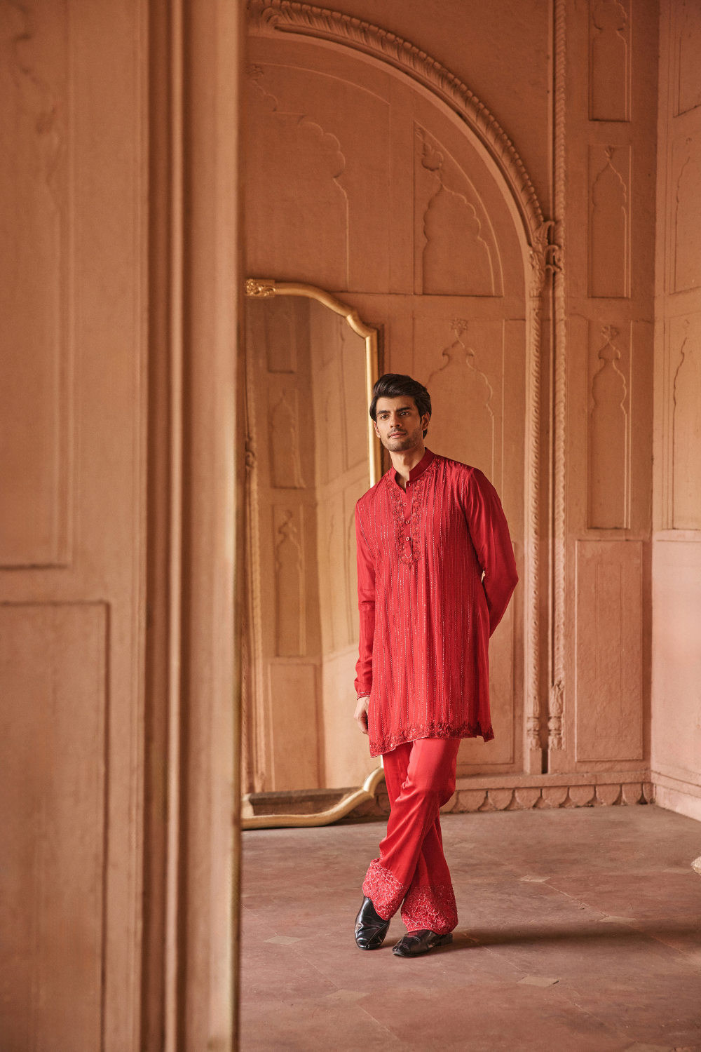 Red, resham, silk, kurta ensemble