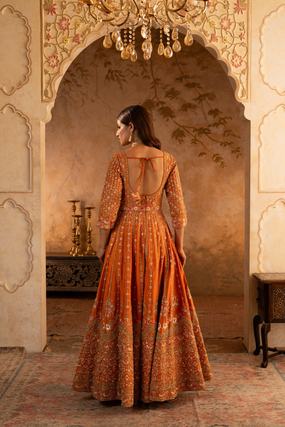 Rust Raw Silk Anarkali Set