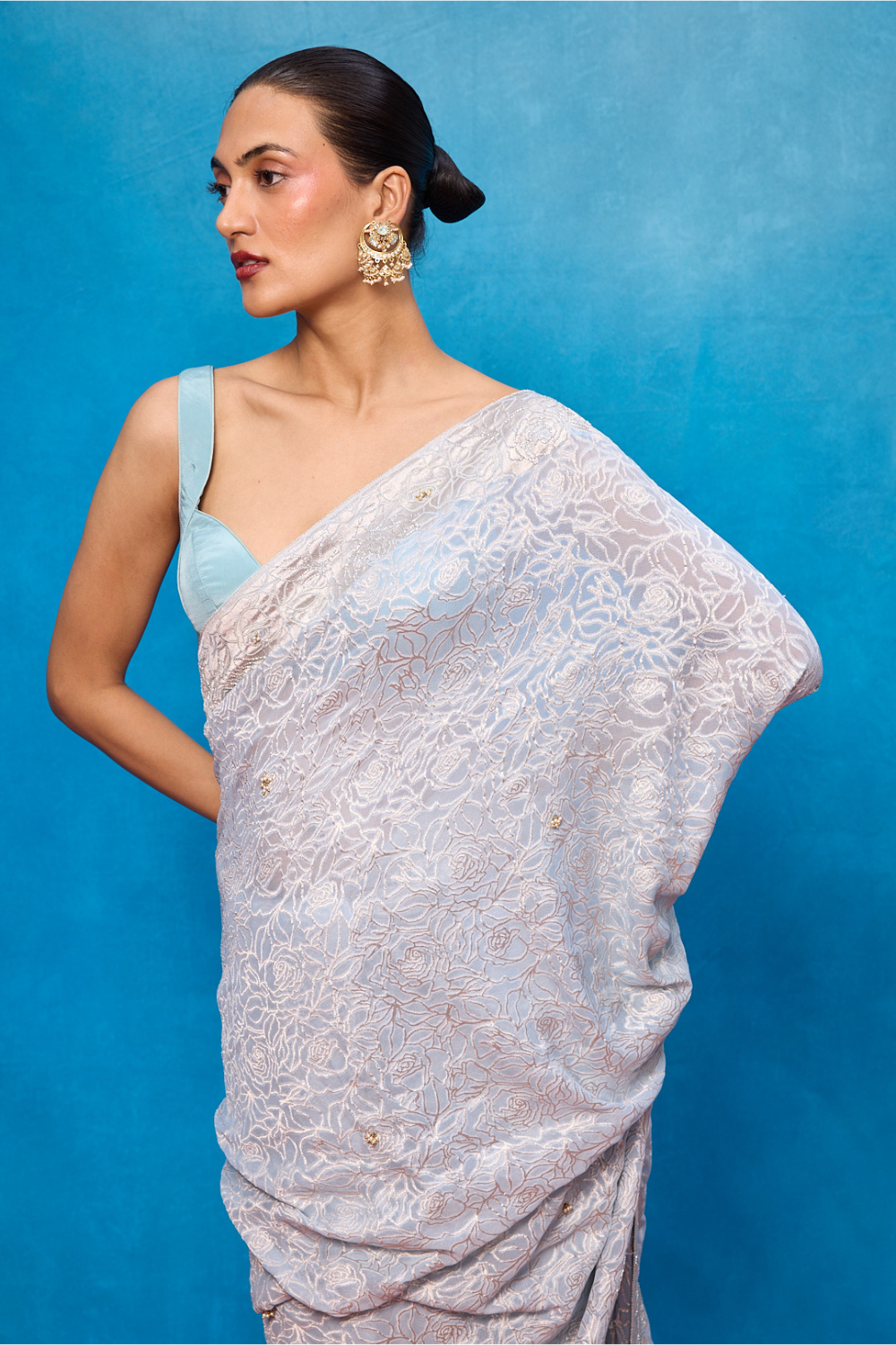 Handwoven Ice Blue Chiffon Embossed Saree