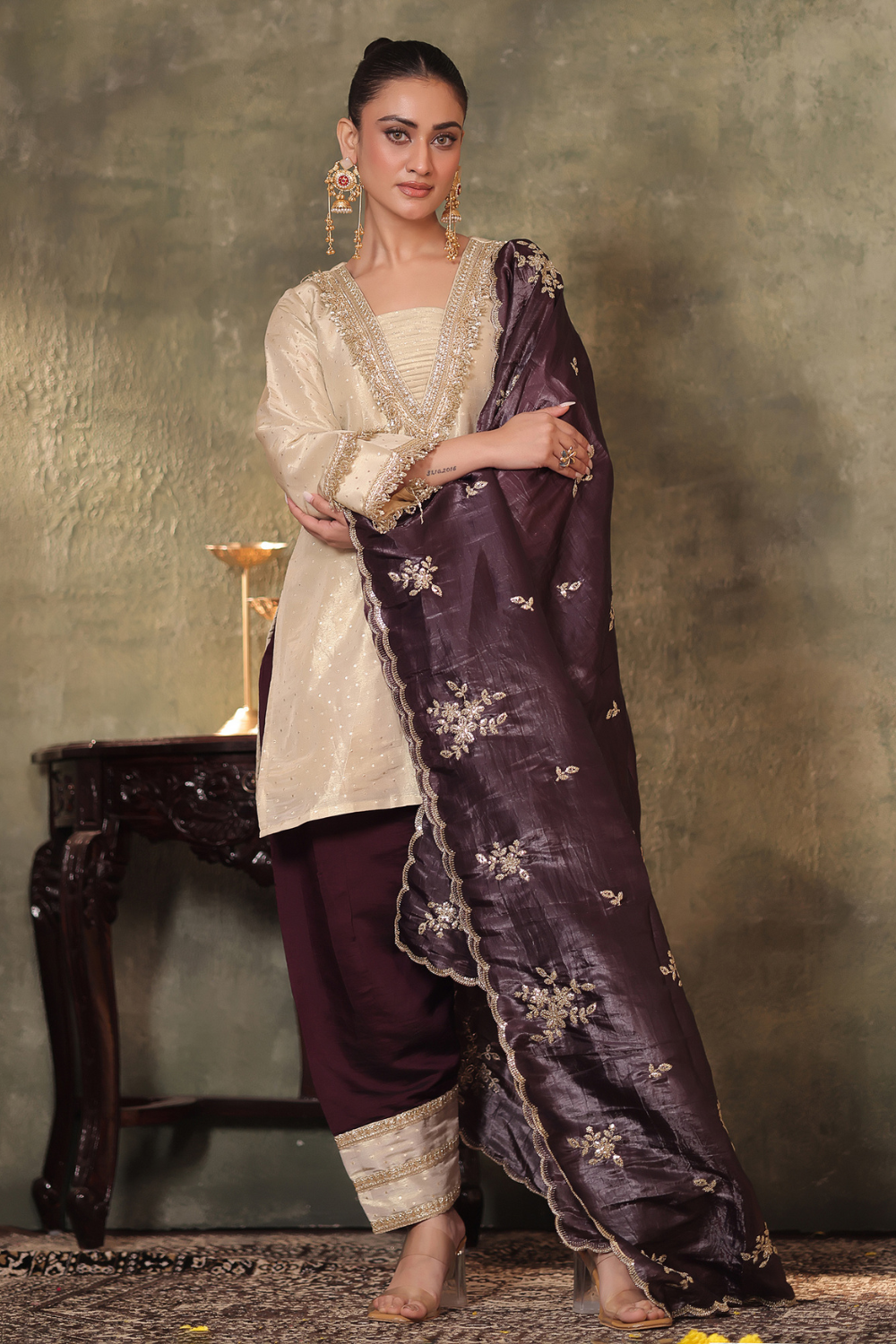 Tissue Kurta with Plum Farshi Set