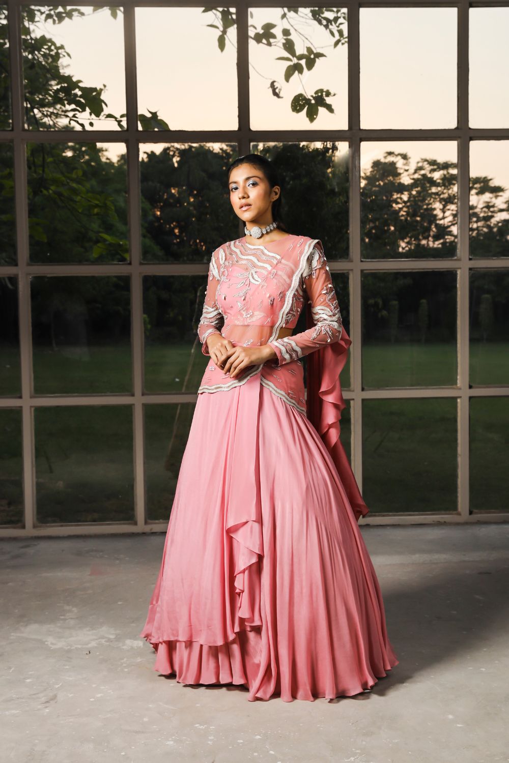 Cashmere rose pink pre stitched drape saree set