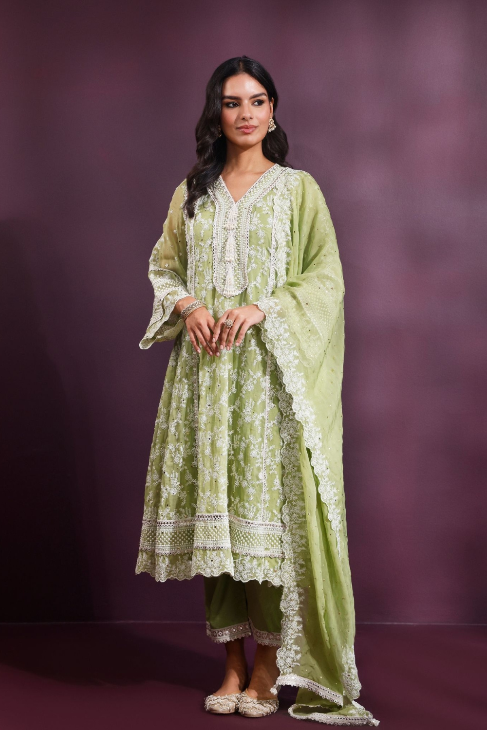 Rupa Organza Pista Green Anarkali Kurta with Pima Satin Pista Green Pant Set