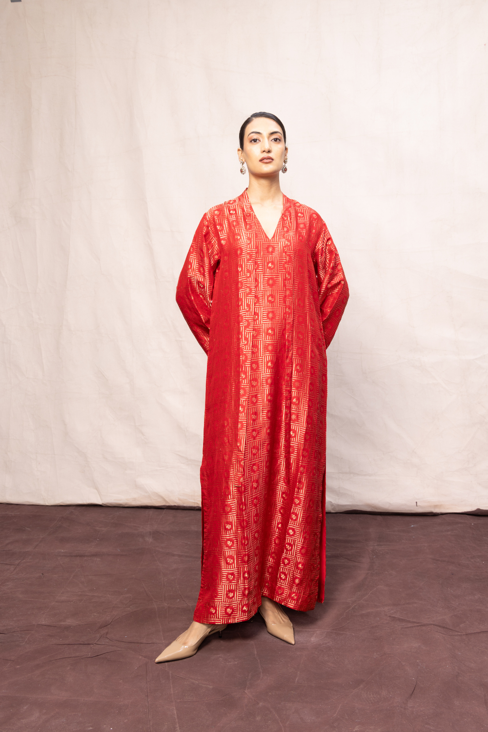 Handwoven Red Silk Embossed Kaftan
