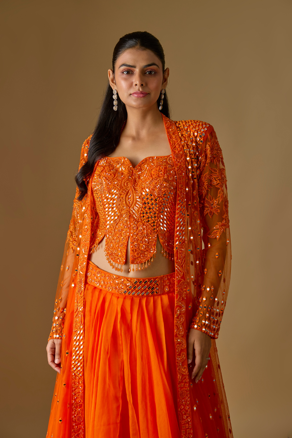 Salora- Orange Long Jacket with Corset Blouse and Organza Lehenga