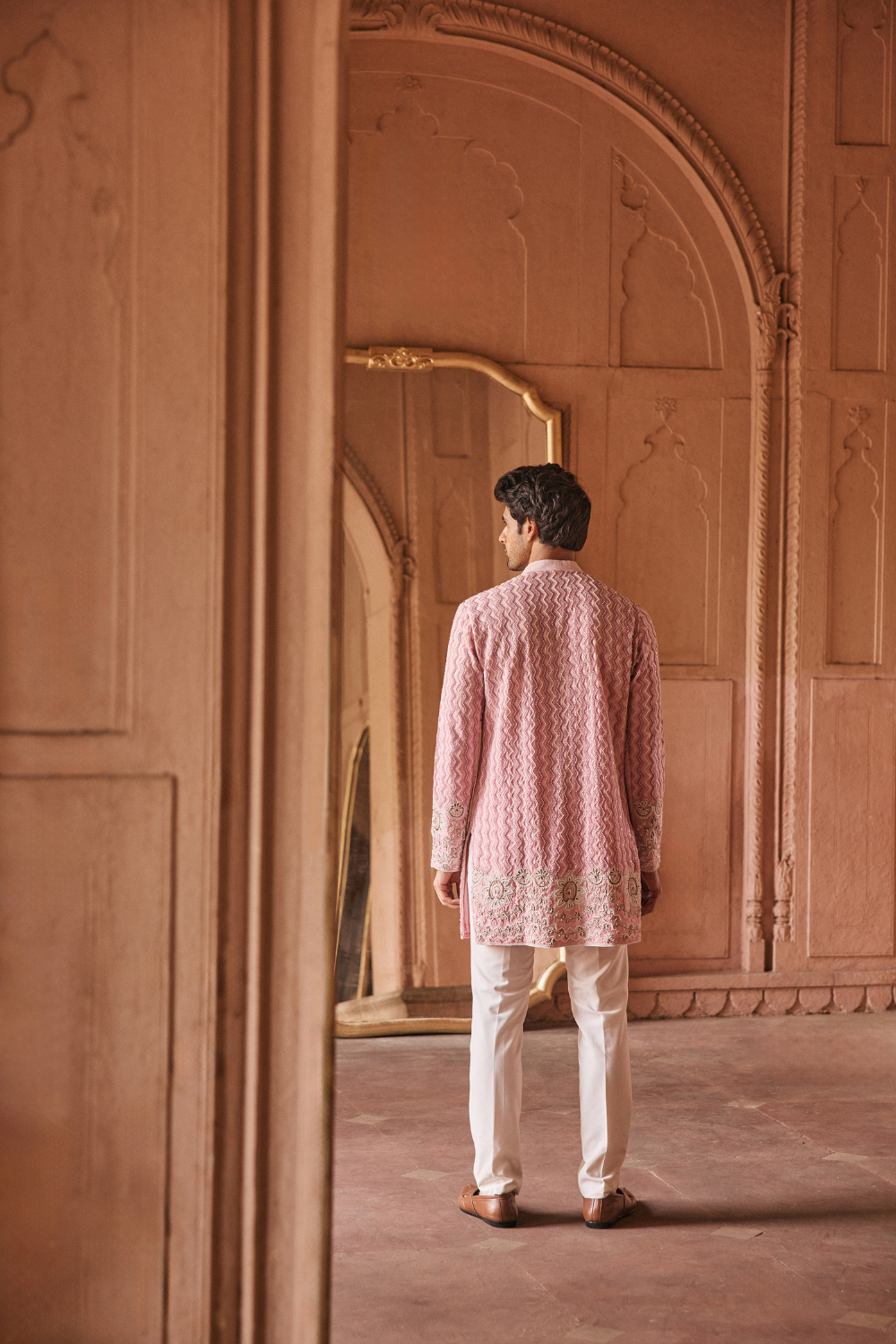 Pink, dori embroidery, raw silk, kurta ensemble