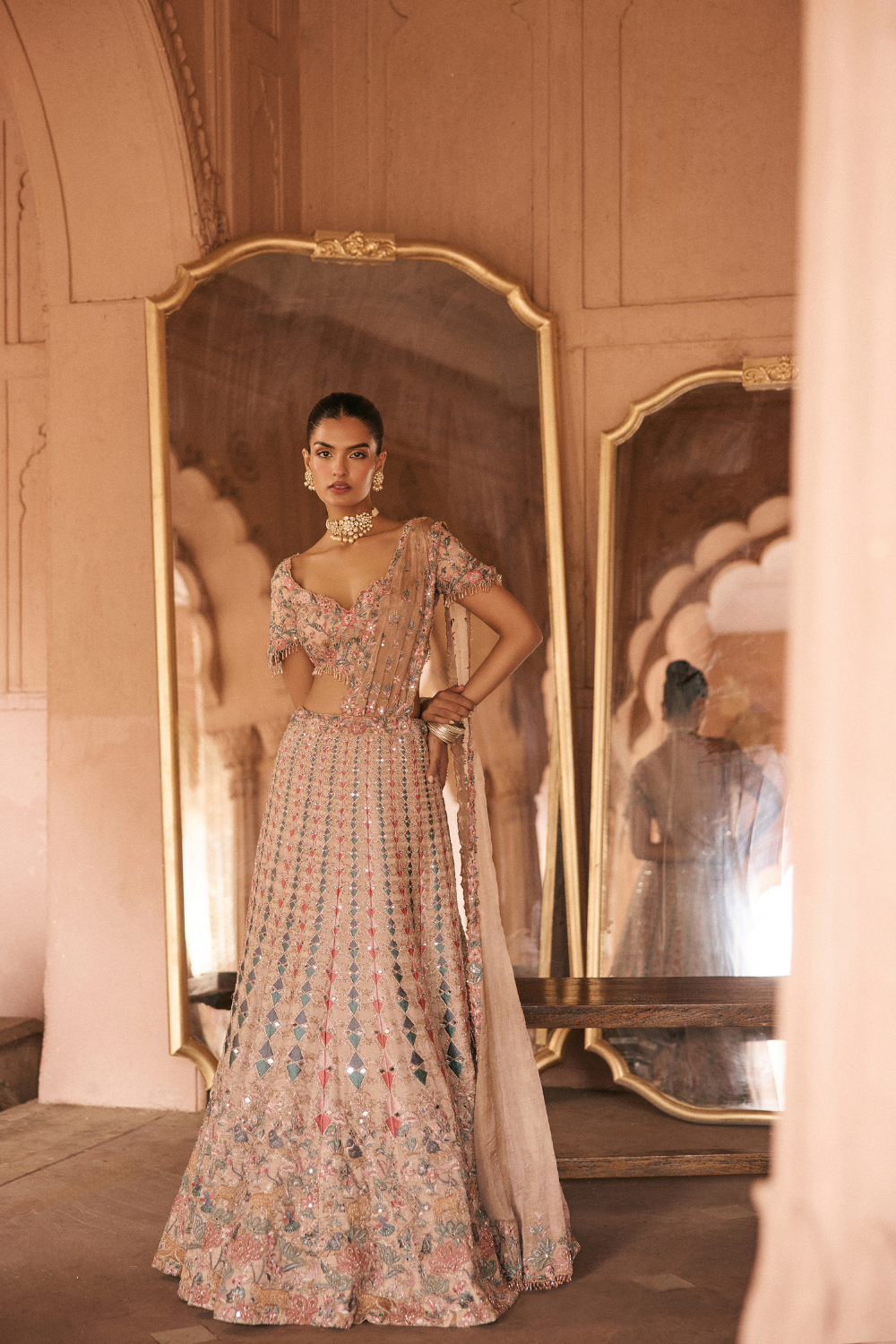 Multi-coloured, beige, Dori, Tissue, Sari Lehenga Set