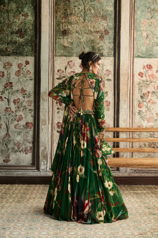 GREEN FLORAL PRINTED LEHENGA SET