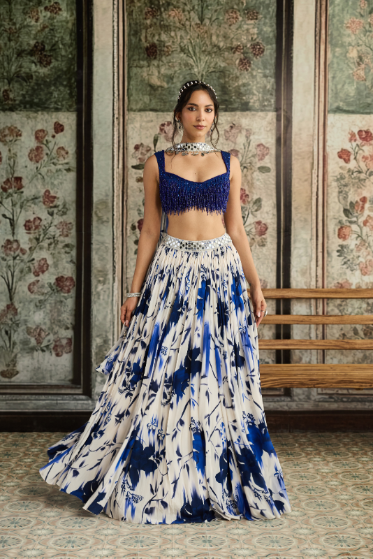IVORY & BLUE FLORAL PRINTED LEHENGA SET