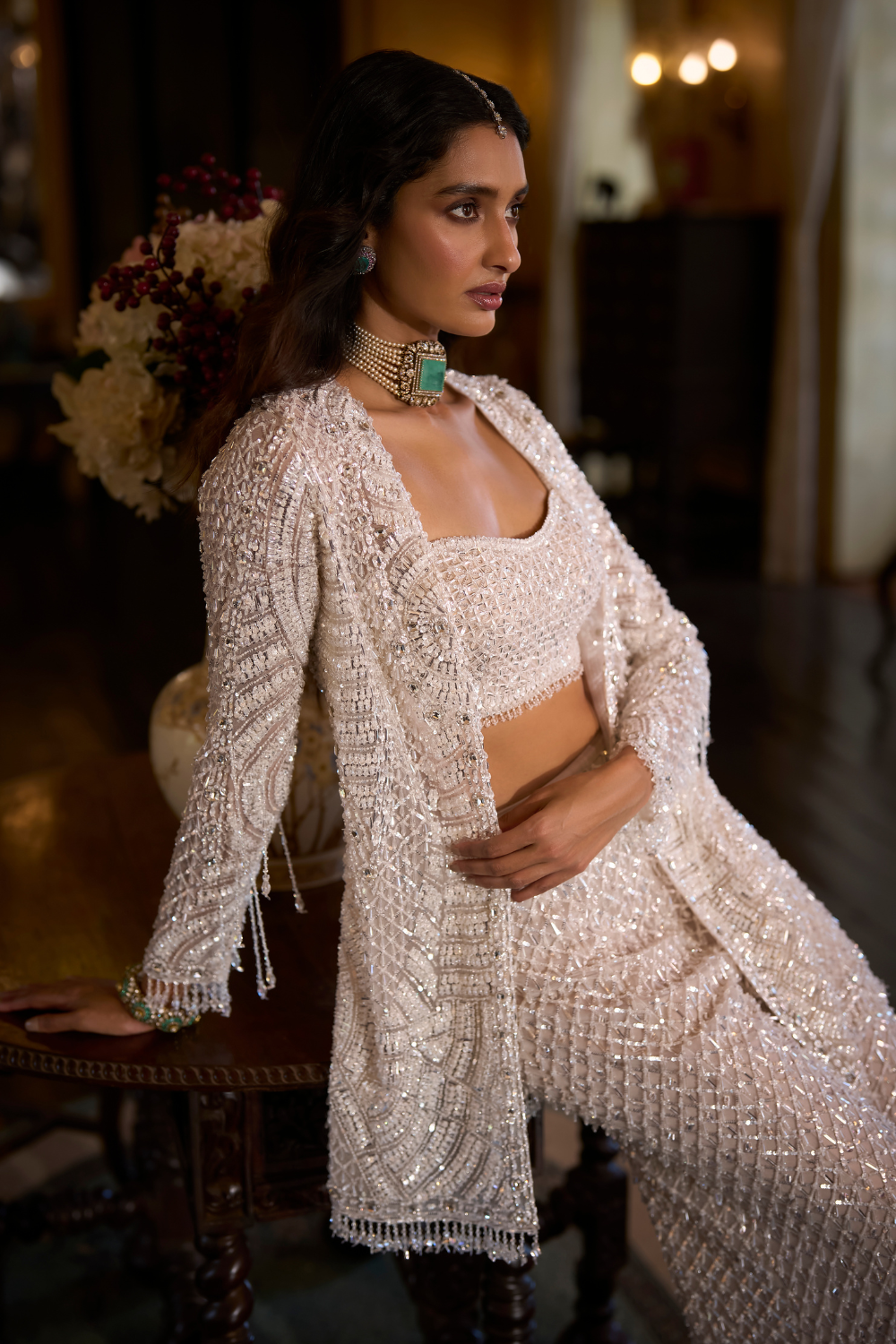 White Sequin Open Jacket - Sharara Pant Set
