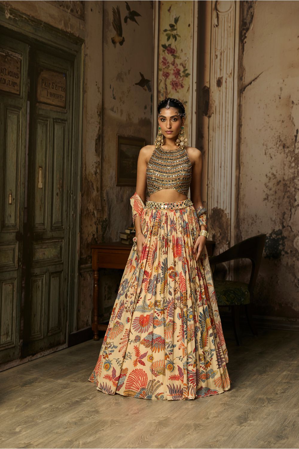 BEIGE EMBROIDERED BLOUSE WITH PRINTED AND EMBROIDERED LEHENGA SET