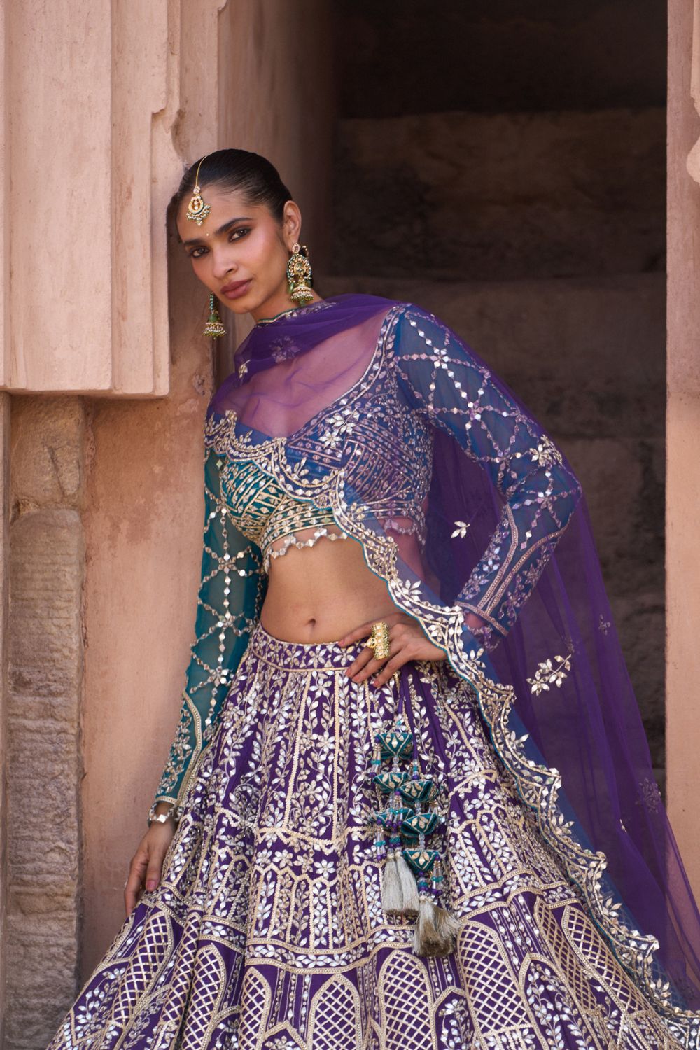 NEELAM — Bright Purple Raw Silk Lehenga Set with Contrast Blouse