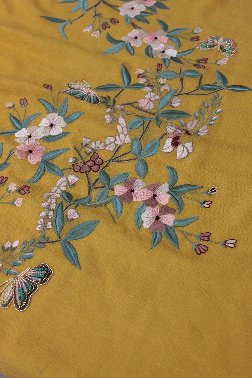 A Garden Diary | Embroidered Fine Merino Wool Stole – Spicy Mustard