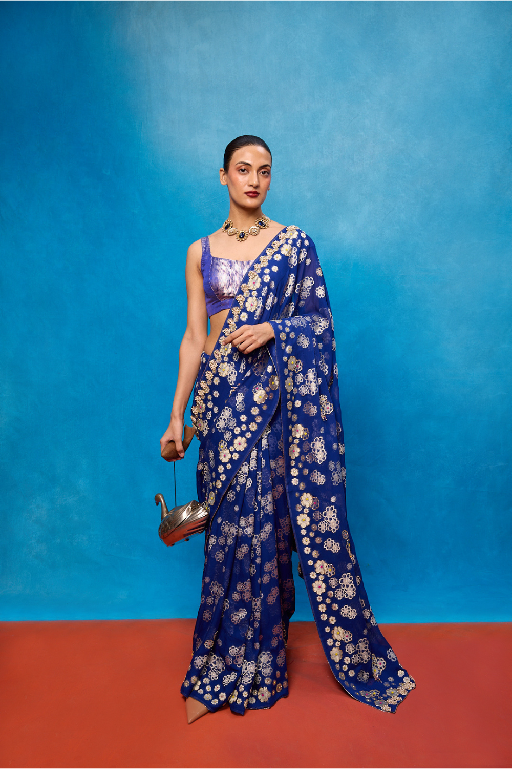 Handwoven Royal Blue Chiffon Banarasi Saree