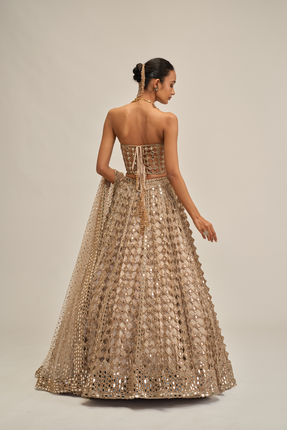 Light Beige Big Mirror Cutwork Lehenga with Corset Set