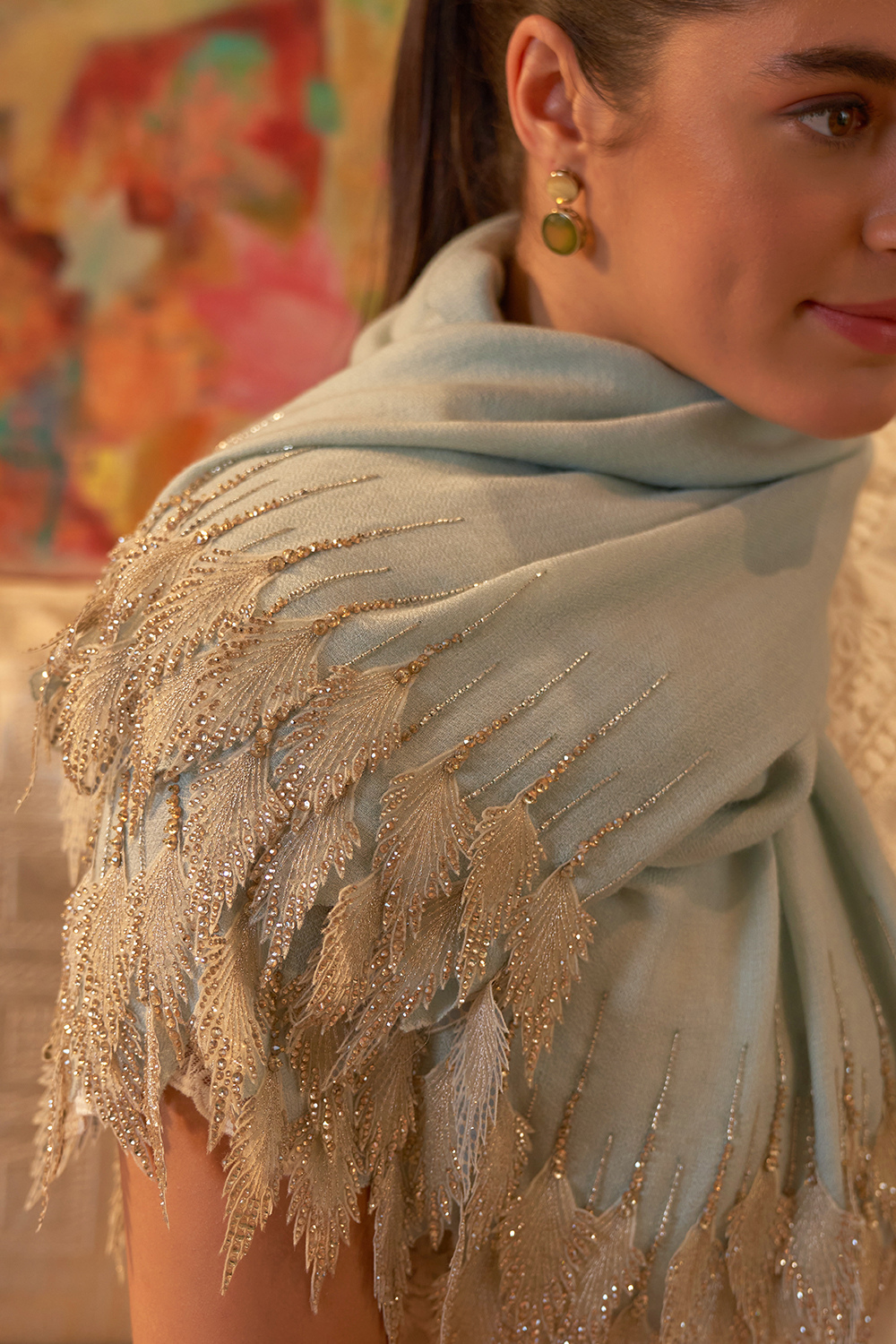 Leafy Sparkle | Embroidered Wool Silk Stole – Beige