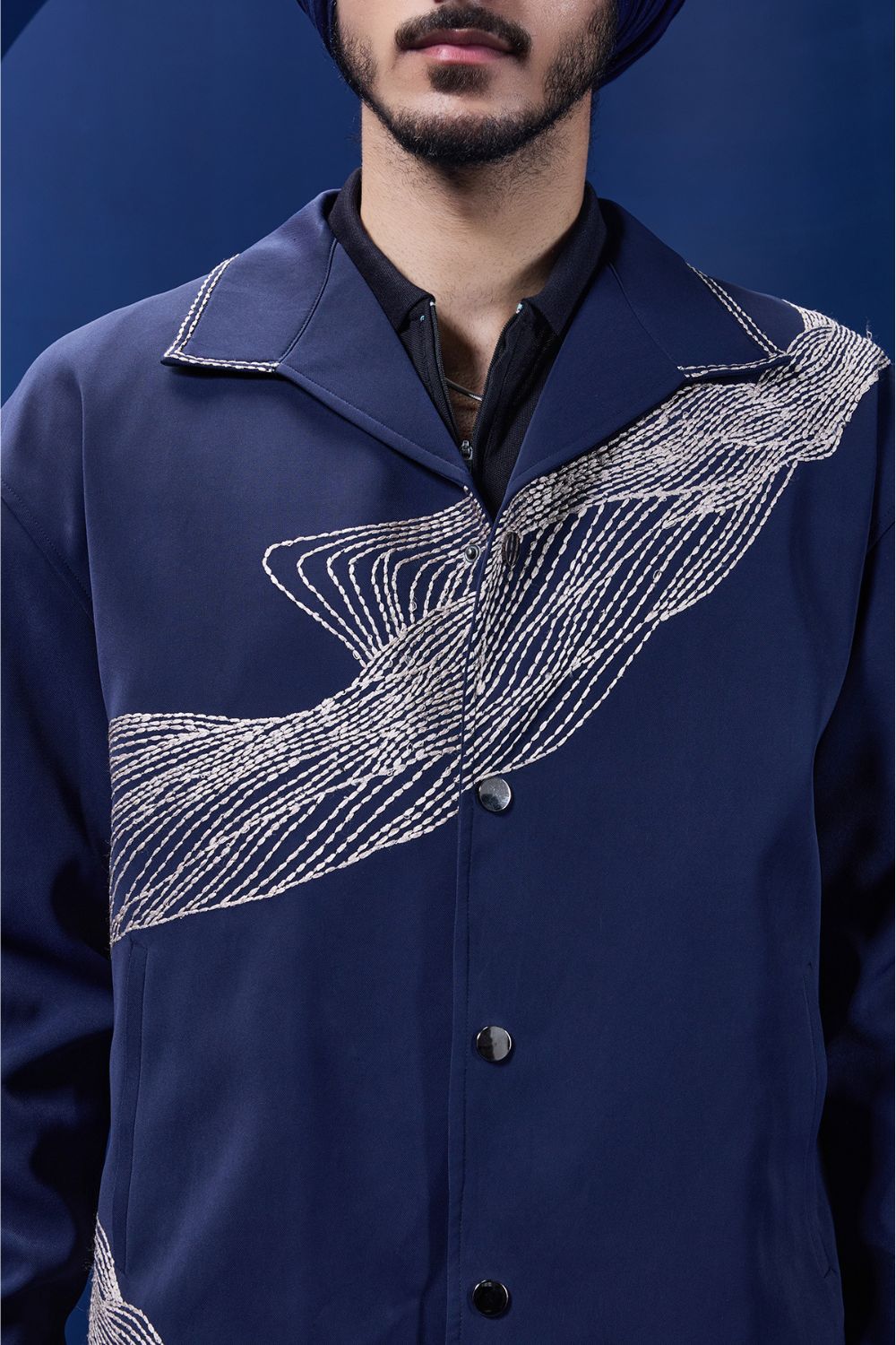 Navy Blue cord set detailing with thread embroidery