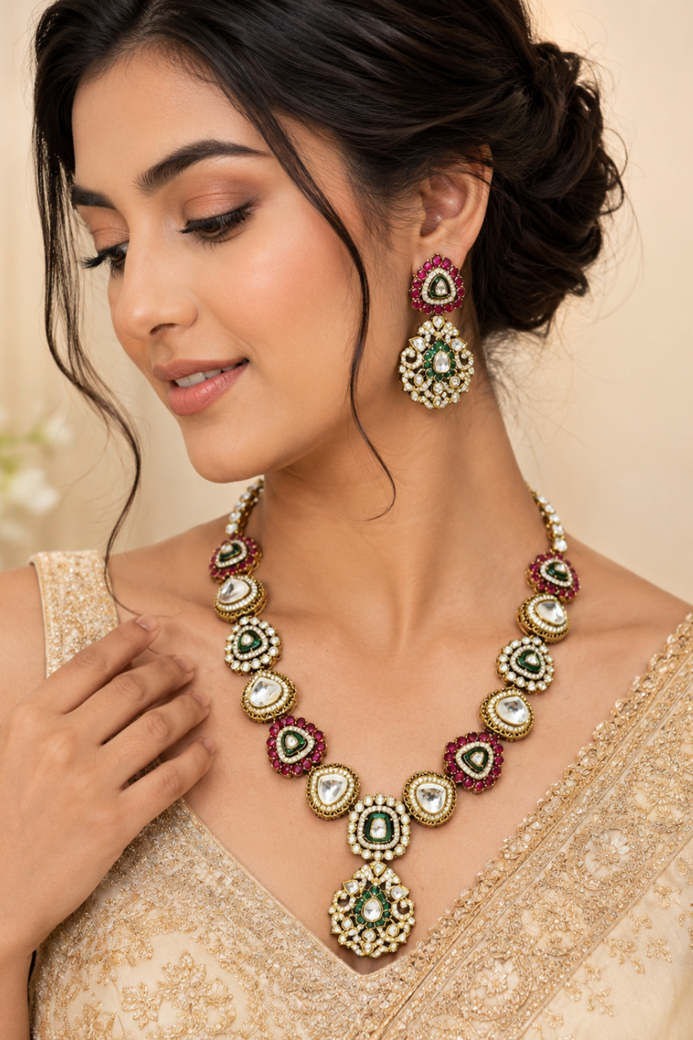 Royal Moissanite Polki Necklace Set with Emerald & Ruby Accents