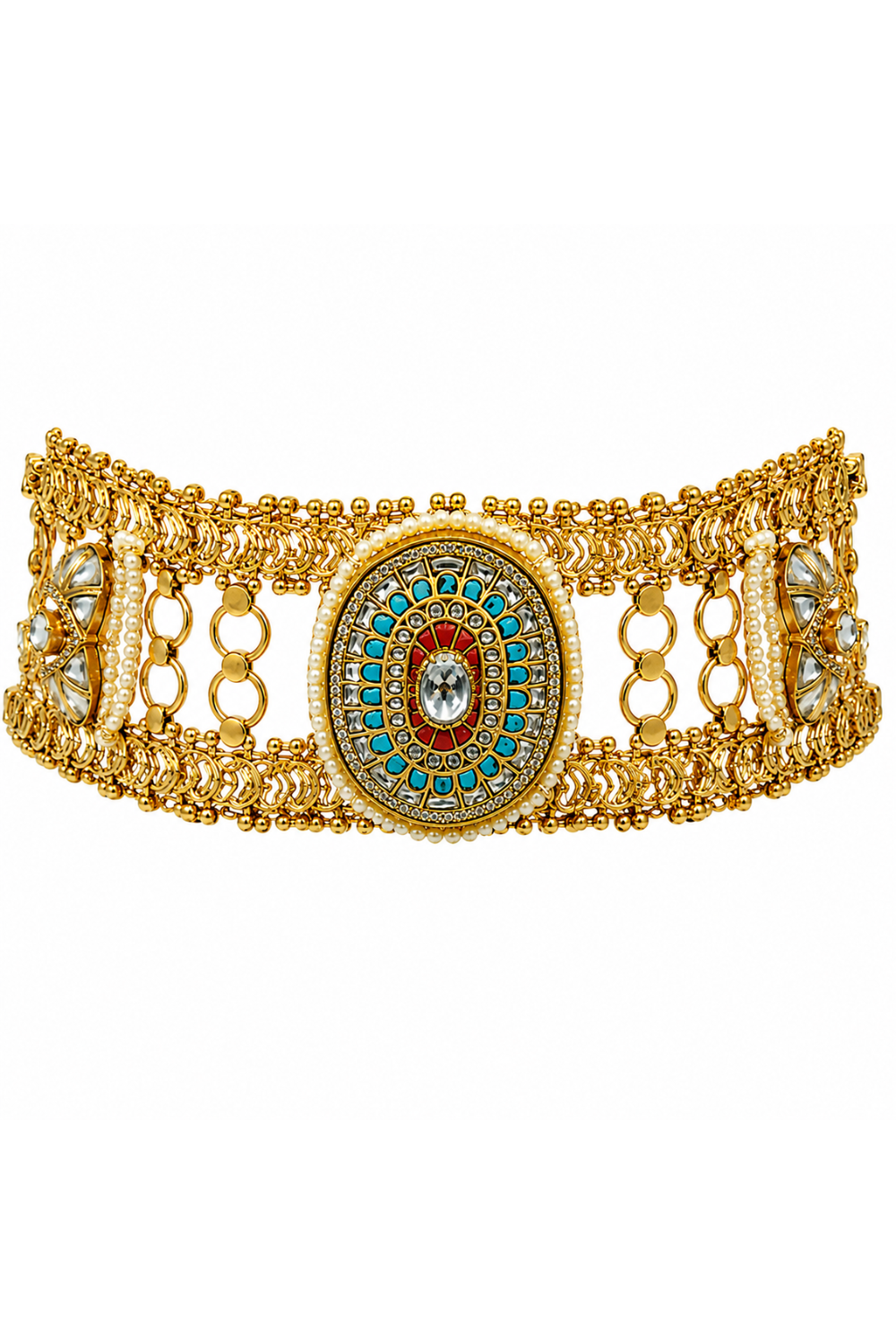 Multicoloured Handcrafted Jadau Kundan Choker Set with Pearl Accents