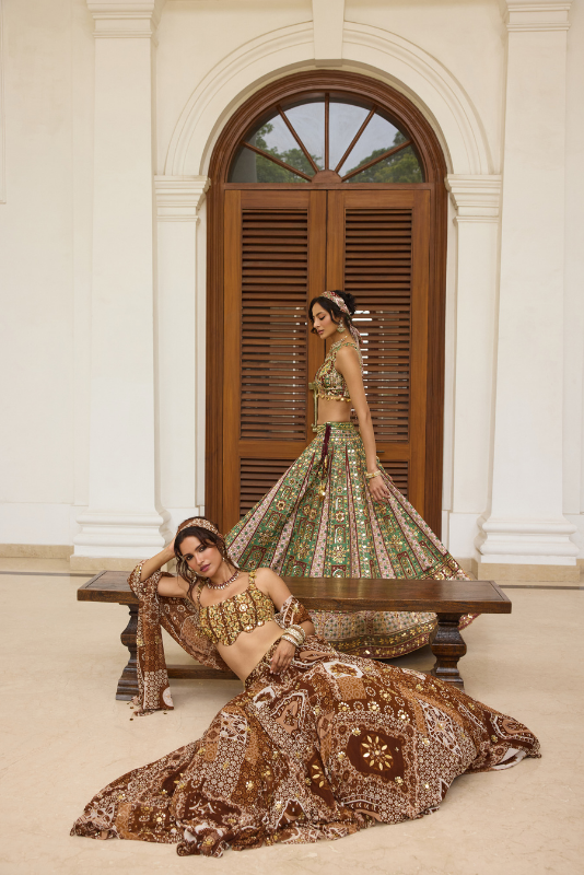 CARAMEL PRINT AND HIGHLIGHTED SCALLOP BLOUSE LEHENGA SET