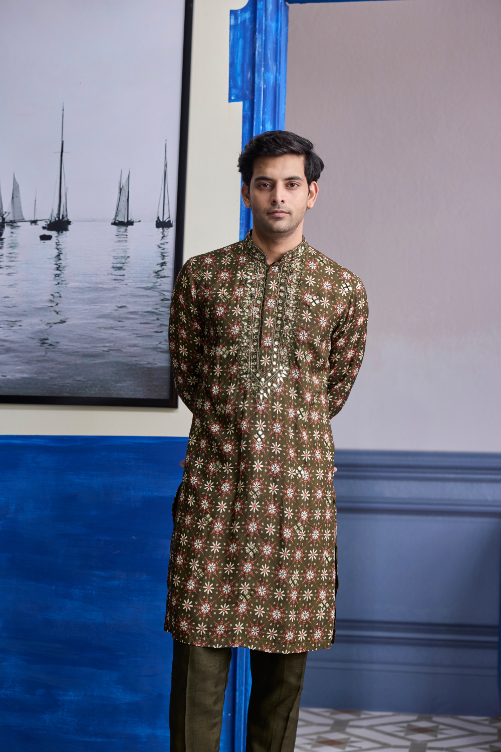 OLIVE BUTTA HIGHLIGHTED KURTA WITH OLIVE PRINT HIGHLIGHTED BUNDI JACKET PAIERD WITH SOLID PANTS