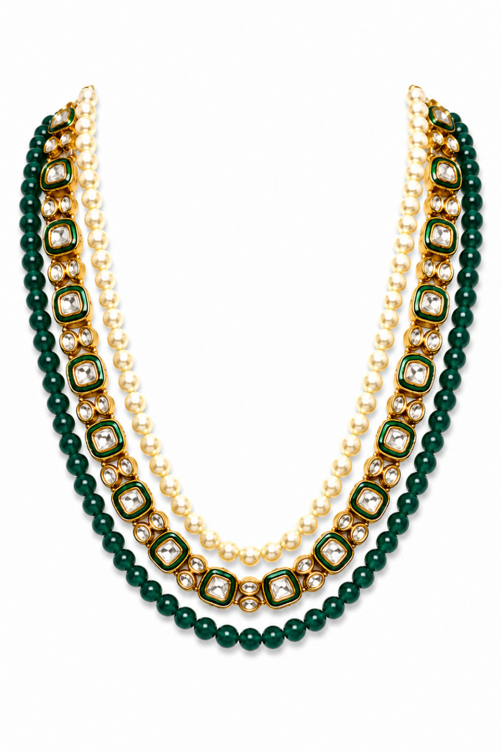 Three-layer Green Beaded Pearl Kundan Groom Mala