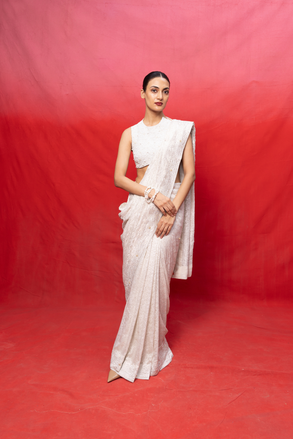 Handwoven Off-White Chiffon Embossed Saree