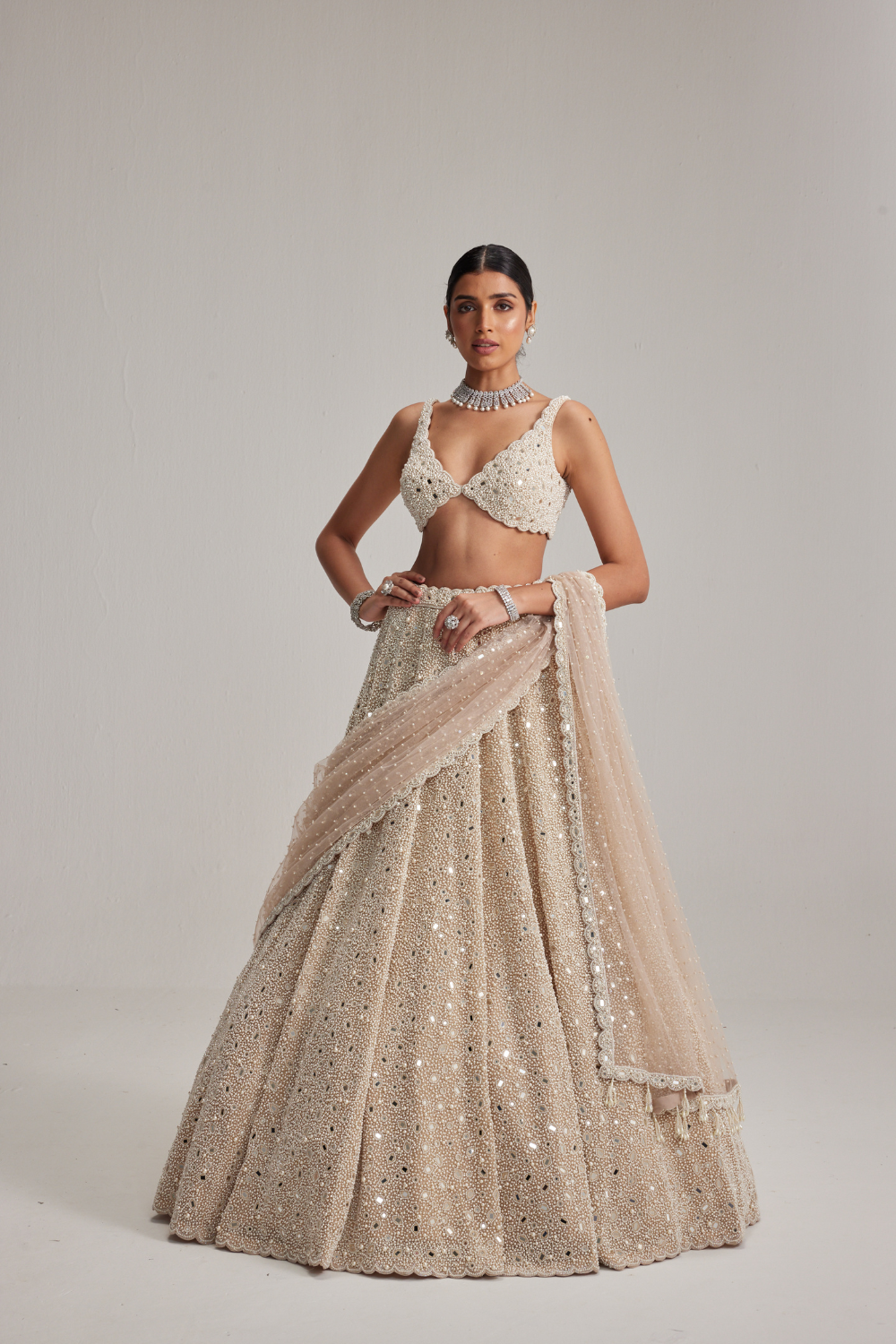 Light Beige Dense mirror and pearl lehenga set