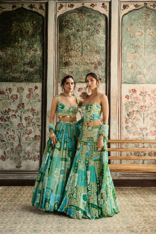 AQUA PRINT AND HIGHLIGHTED CORSET MERMAID SKIRT SET