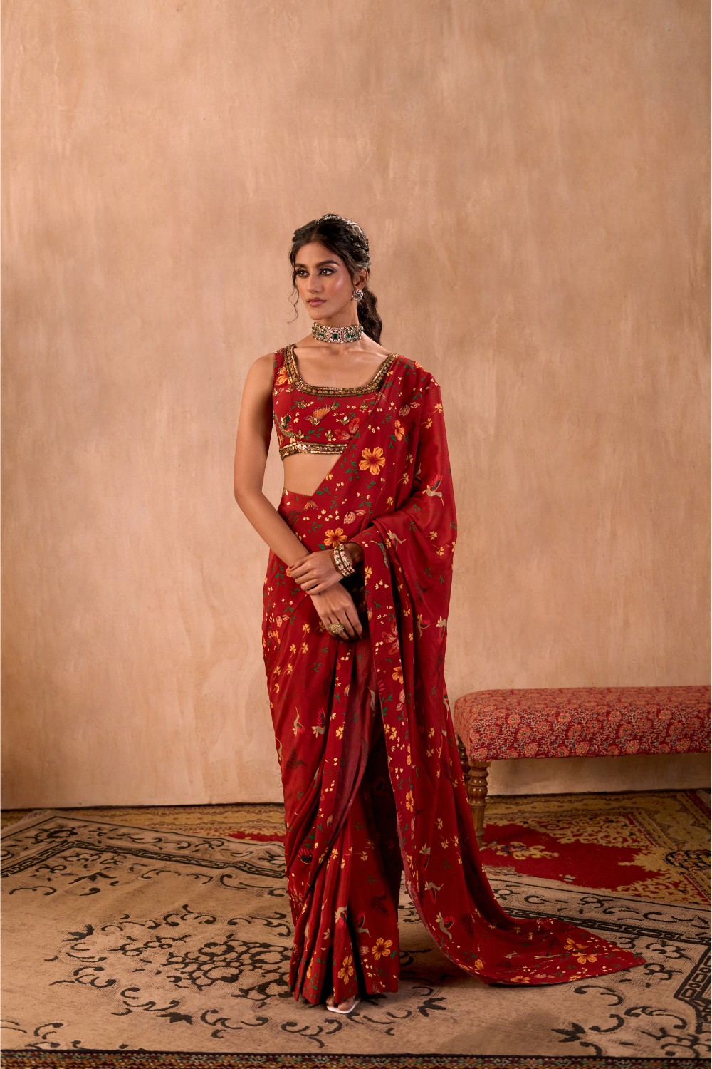 RED PRINT EMBROIDERED CHOLI WITH PRE-DRAPED SARI SET