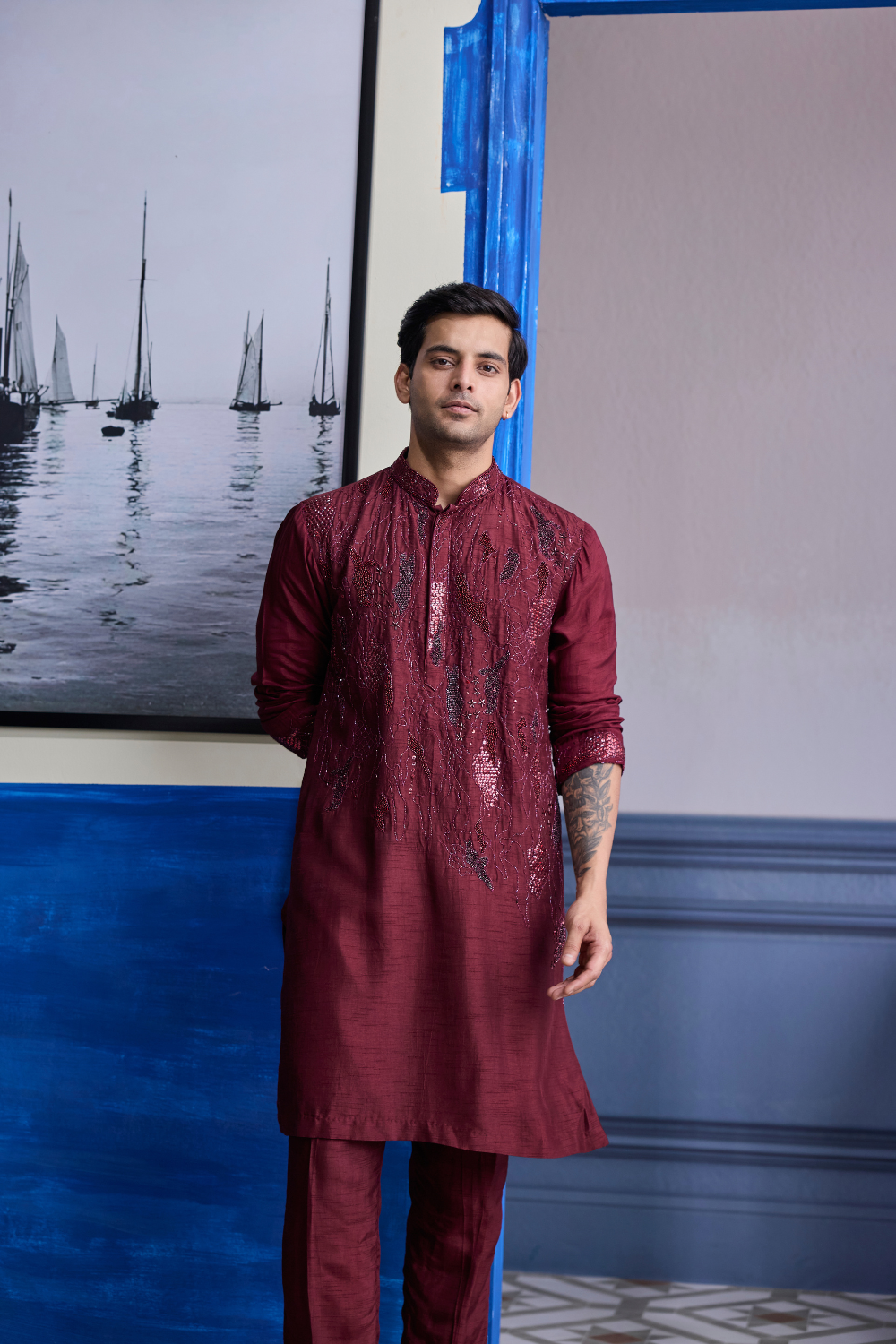 Maroon Abstract Embroidered Kurta Paired with Pants